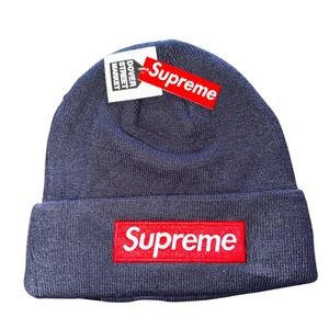 Blue Supreme x New Era Red Box Logo Beanie Navy Knit Hypebeast FW24 Street Cap